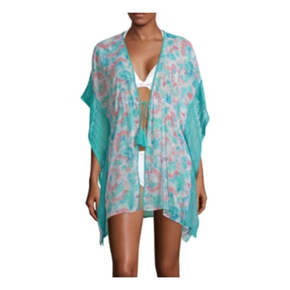 Miken Swim coverup open front single tassel tie dyed wide sleeve wide SZ SM teal